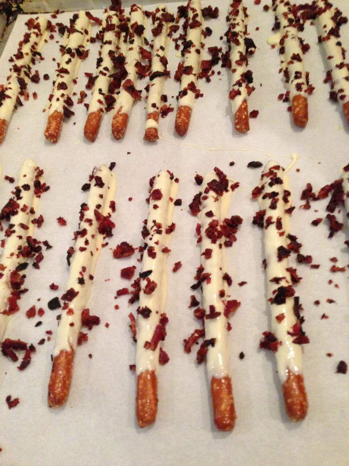 White Chocolate Pretzel Rods with Bacon Sprinkles